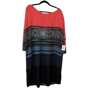 NWT FREE PEOPLE Knit Dress in Black Combo w/ Coral Pink Floral & Striped